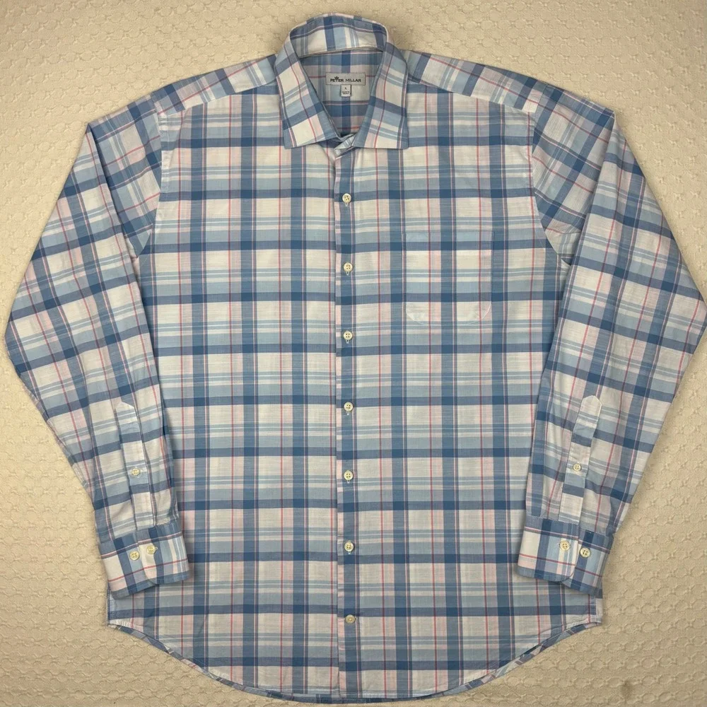 Peter Millar Button Up Plaid Shirt Mens L Blue Long Sleeve Stretch Preppy Office
